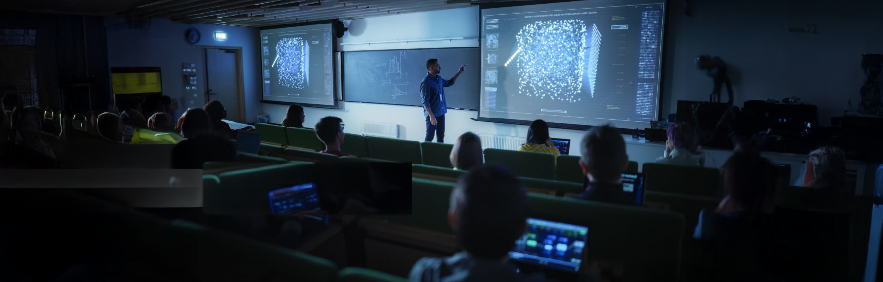 AI faculty member teacher in front of class giving a presentation.